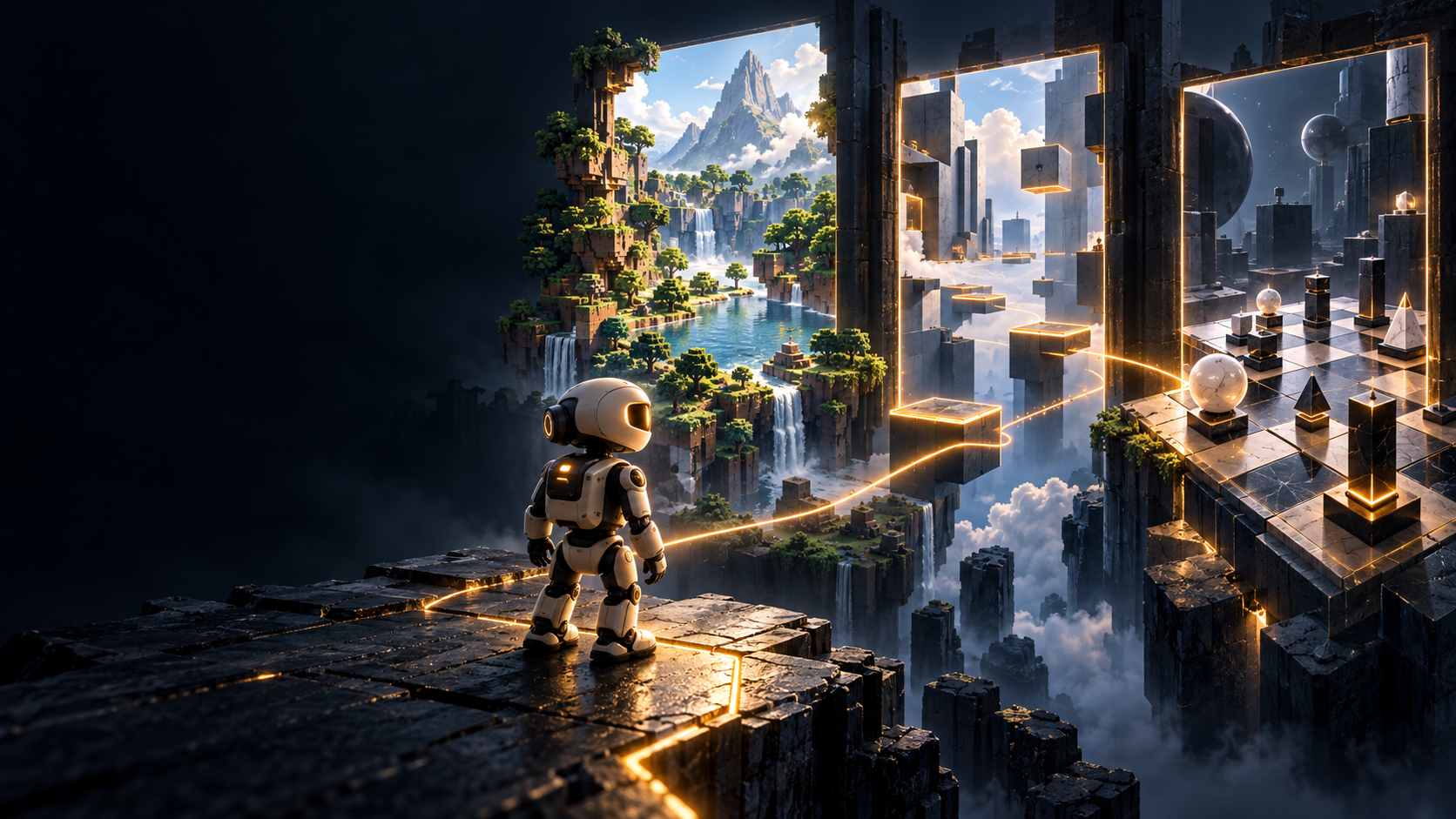 A small AI player faces exploration, platforming, and strategy worlds. Original concept artwork.